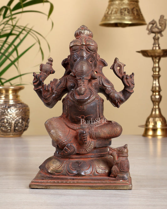 Pure Brass Ganesha Chola Style Statue - 8" red sand finish - Budhshiv.com