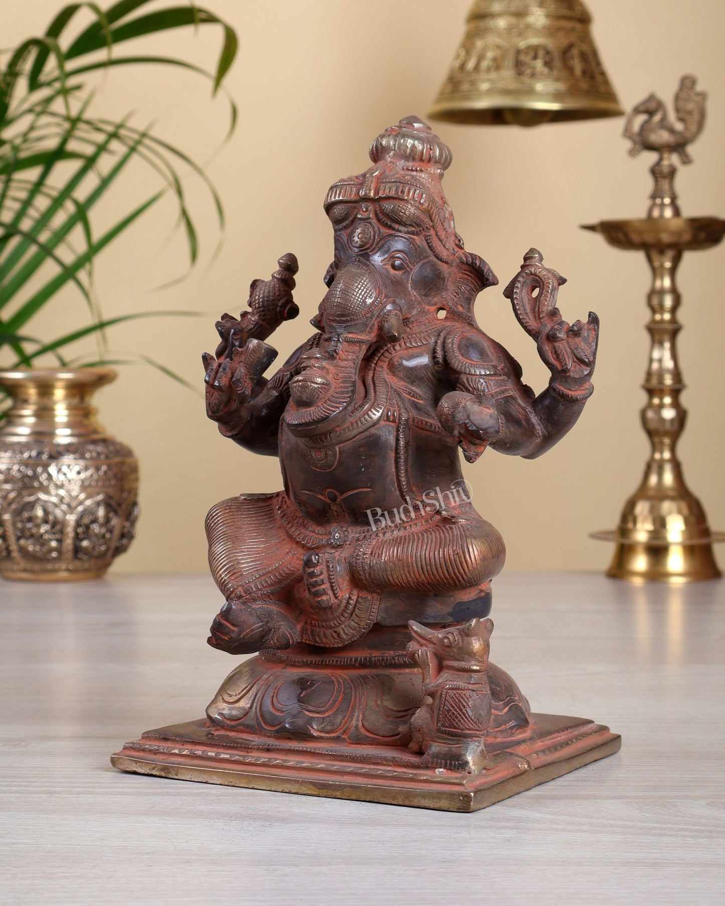 Pure Brass Ganesha Chola Style Statue - 8" red sand finish - Budhshiv.com