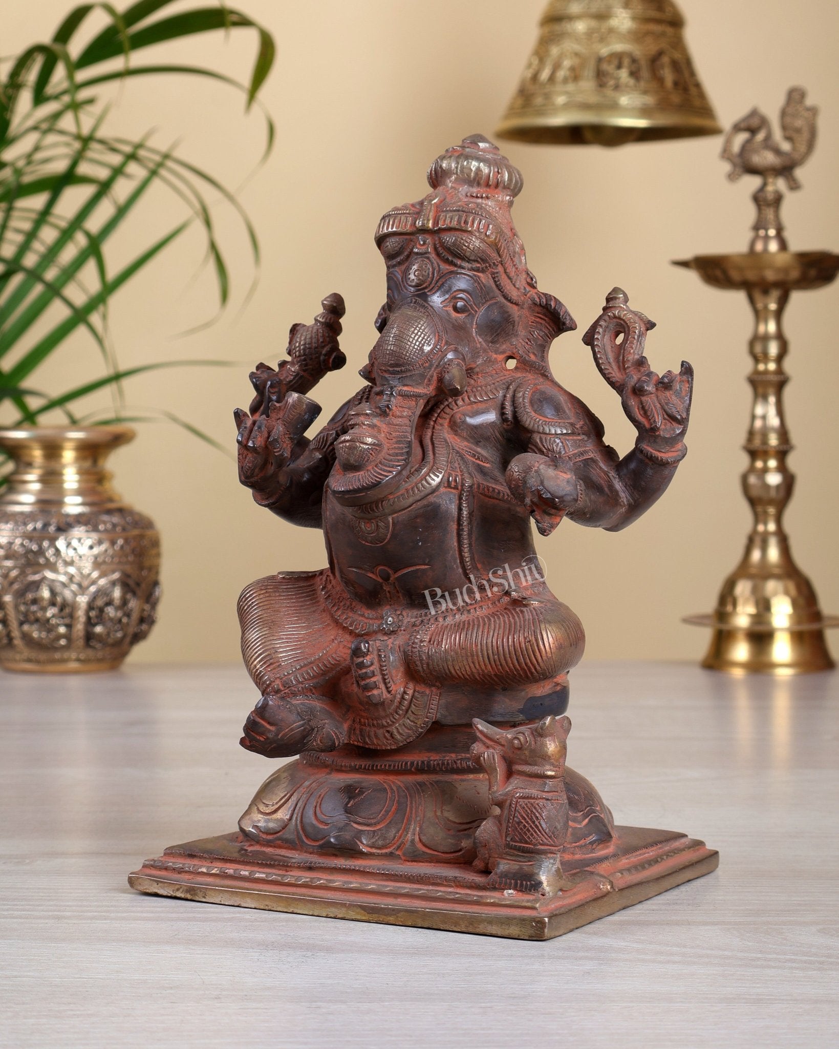 Pure Brass Ganesha Chola Style Statue - 8" red sand finish - Budhshiv.com