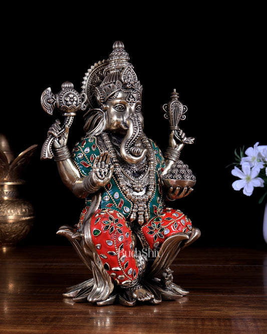 Pure Brass Ganesha Idol – 10 Inch with meenakari - Budhshiv.com