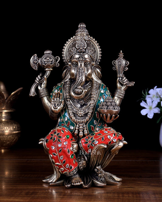 Pure Brass Ganesha Idol – 10 Inch with meenakari - Budhshiv.com
