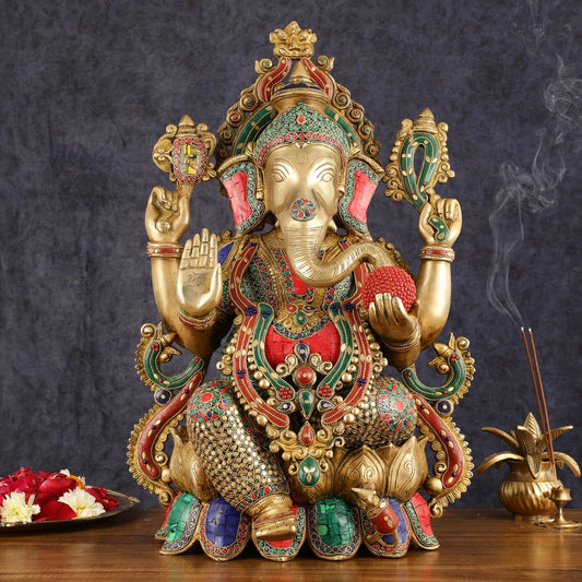 Pure Brass Ganesha Idol on lotus - 21" - Budhshiv.com