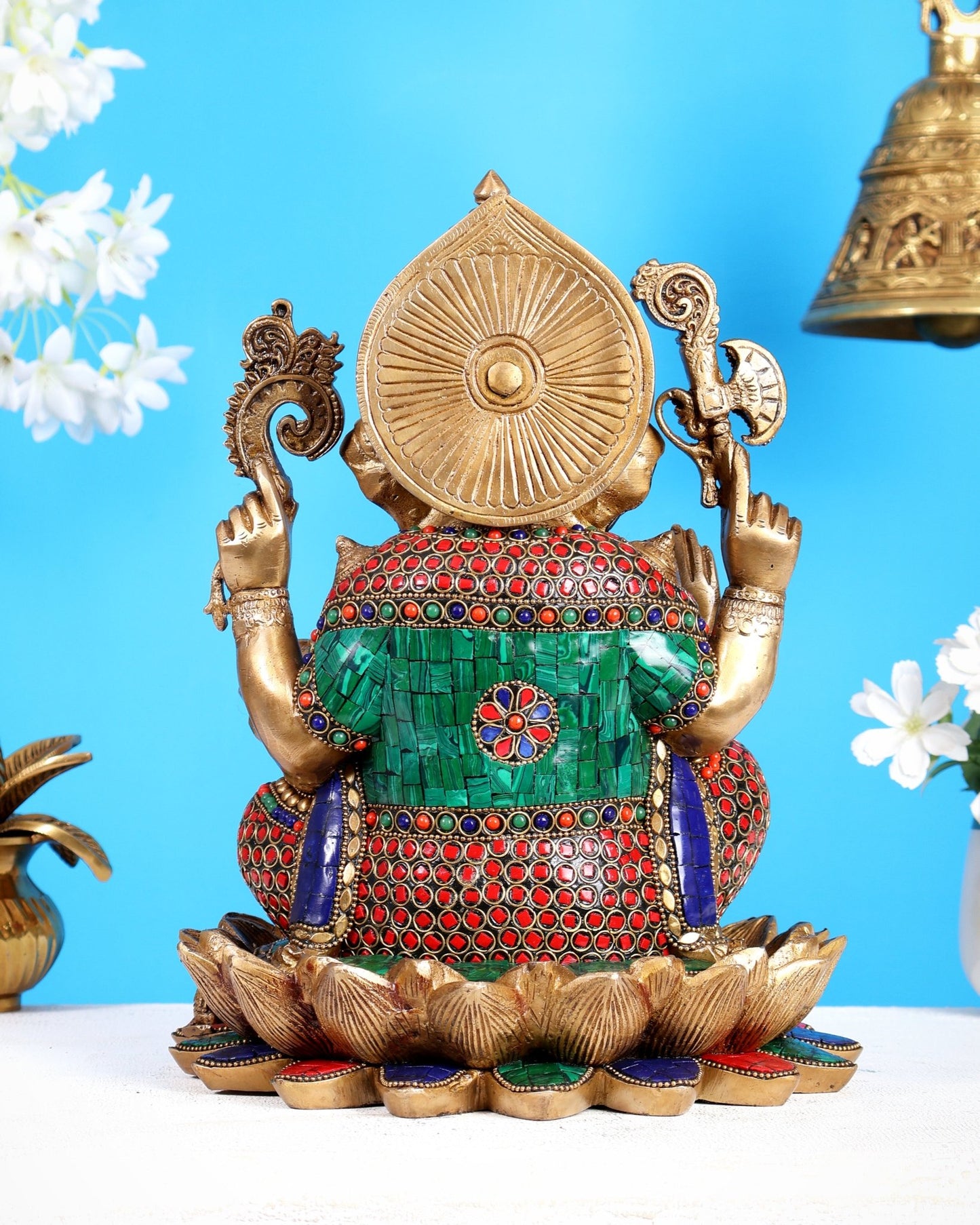 Pure Brass Ganesha Idol Seated on Lotus 12 inch with Stonework - Budhshiv.com