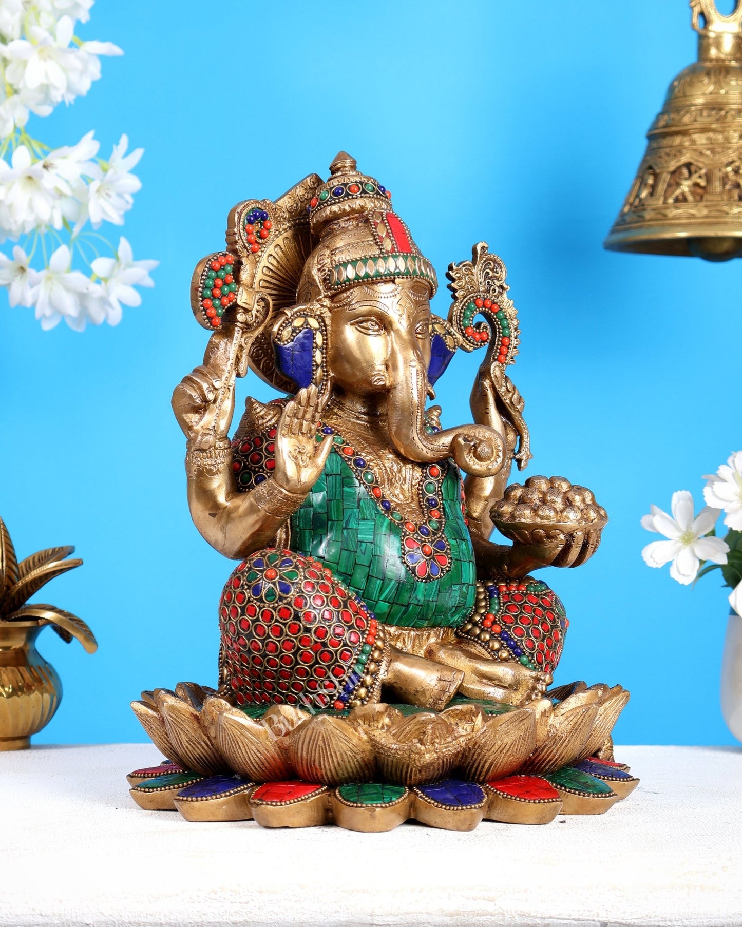 Pure Brass Ganesha Idol Seated on Lotus 12 inch with Stonework - Budhshiv.com