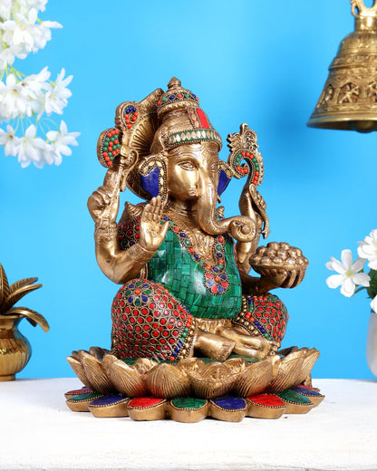 Pure Brass Ganesha Idol Seated on Lotus 12 inch with Stonework - Budhshiv.com
