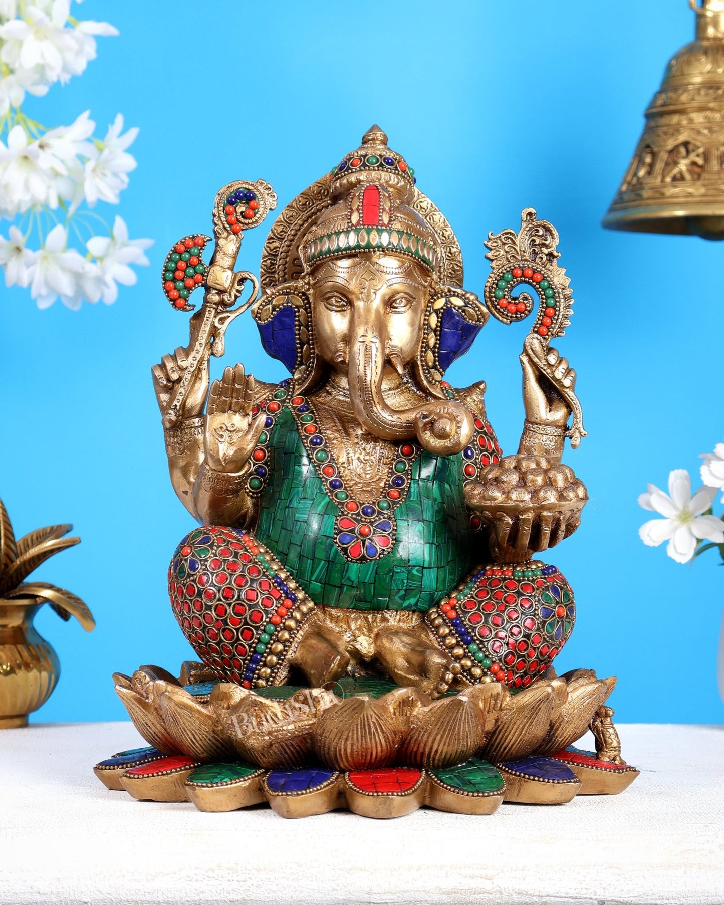 Pure Brass Ganesha Idol Seated on Lotus 12 inch with Stonework - Budhshiv.com