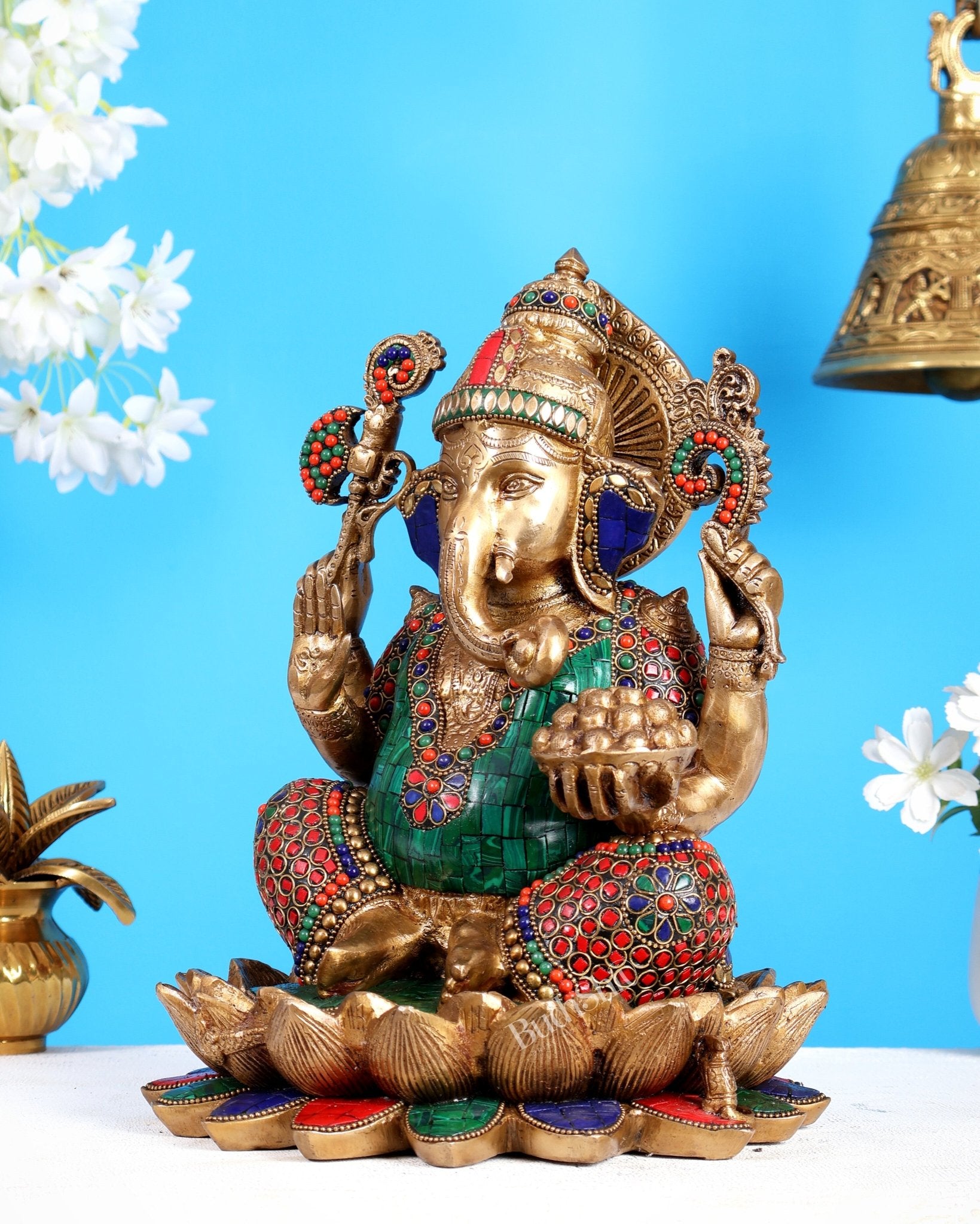 Pure Brass Ganesha Idol Seated on Lotus 12 inch with Stonework - Budhshiv.com