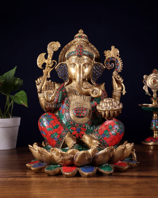 Pure Brass Ganesha Idol Seated on Lotus base | 12" - Budhshiv.com
