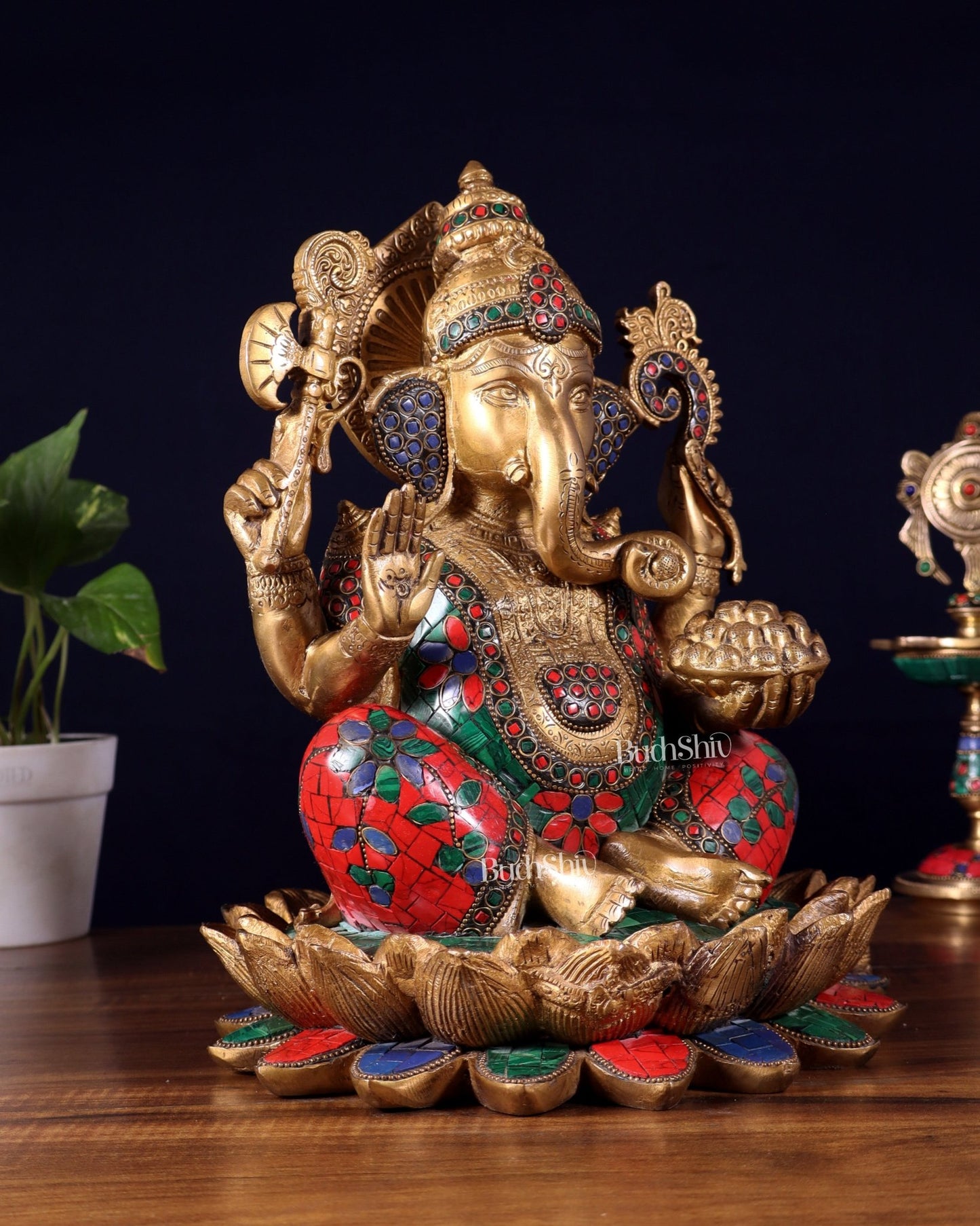 Pure Brass Ganesha Idol Seated on Lotus base | 12" - Budhshiv.com