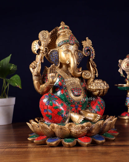 Pure Brass Ganesha Idol Seated on Lotus base | 12" - Budhshiv.com