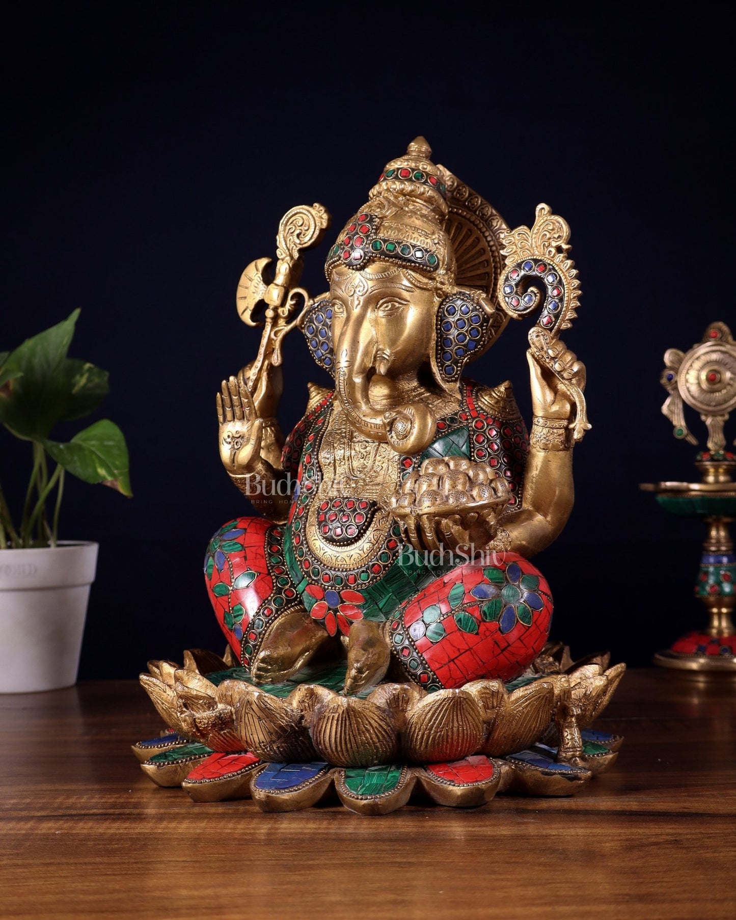 Pure Brass Ganesha Idol Seated on Lotus base | 12" - Budhshiv.com