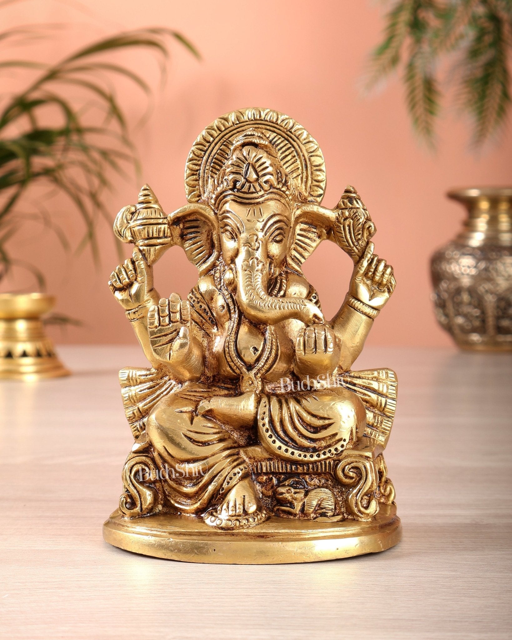 Pure Brass Ganesha Idol – Superfine Carvings 6" - Budhshiv.com