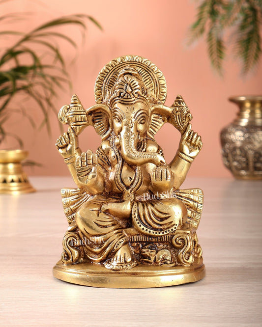 Pure Brass Ganesha Idol – Superfine Carvings 6" - Budhshiv.com