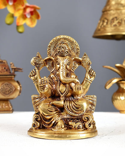 Pure Brass Ganesha Idol – Superfine Carvings 6" - Budhshiv.com