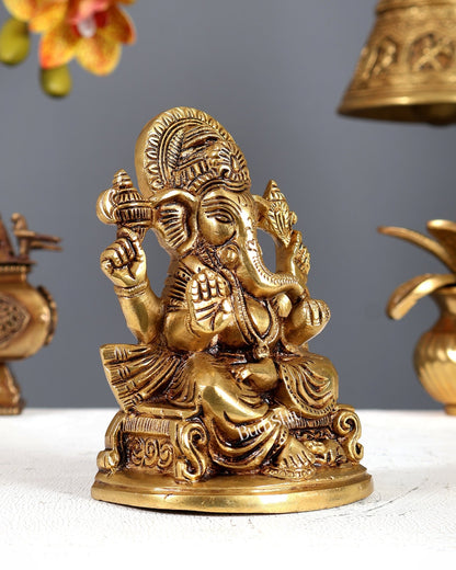 Pure Brass Ganesha Idol – Superfine Carvings 6" - Budhshiv.com
