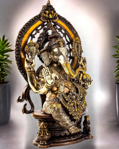 Pure Brass Ganesha Idol | Superfine Three Tone Finish 26" - Budhshiv.com