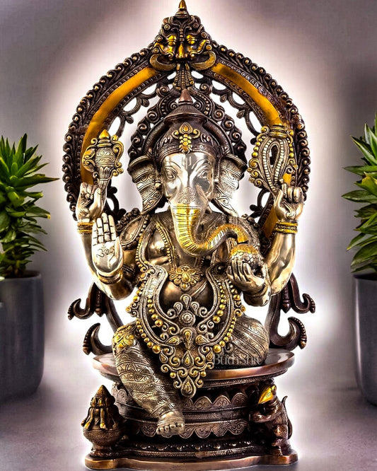 Pure Brass Ganesha Idol | Superfine Three Tone Finish 26" - Budhshiv.com