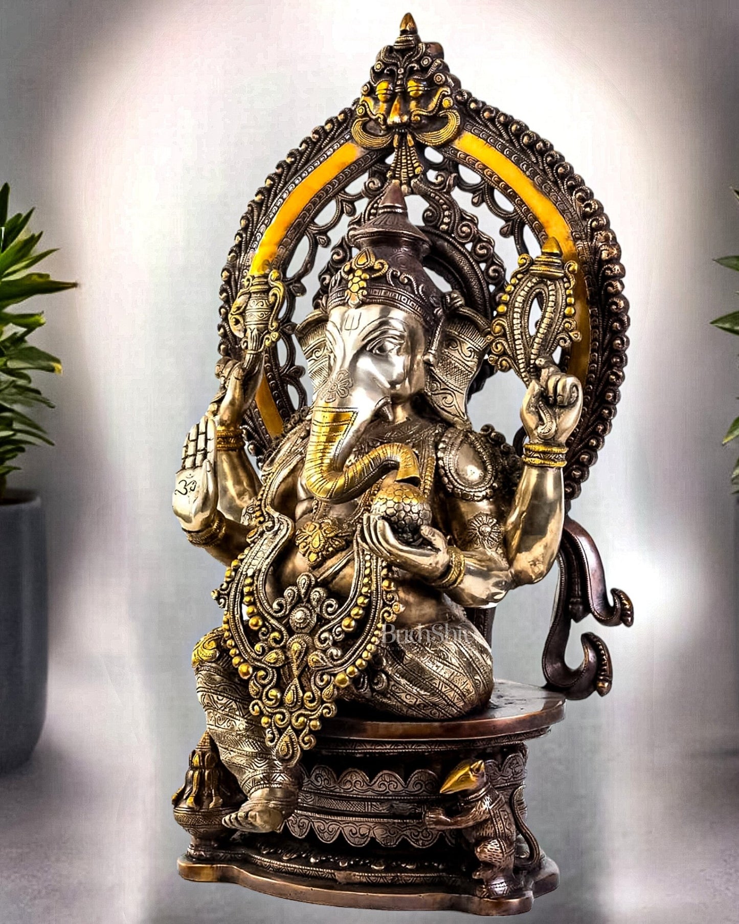 Pure Brass Ganesha Idol | Superfine Three Tone Finish 26" - Budhshiv.com