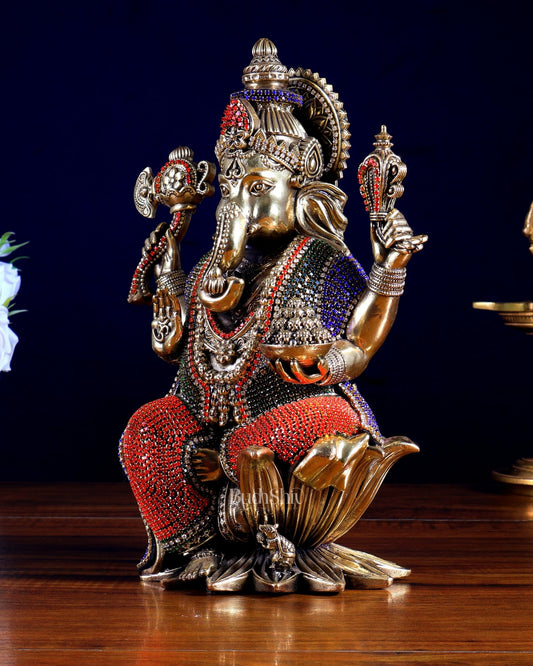 Pure Brass Ganesha Idol with Jewellery Meenakari | 10 Inch - Budhshiv.com