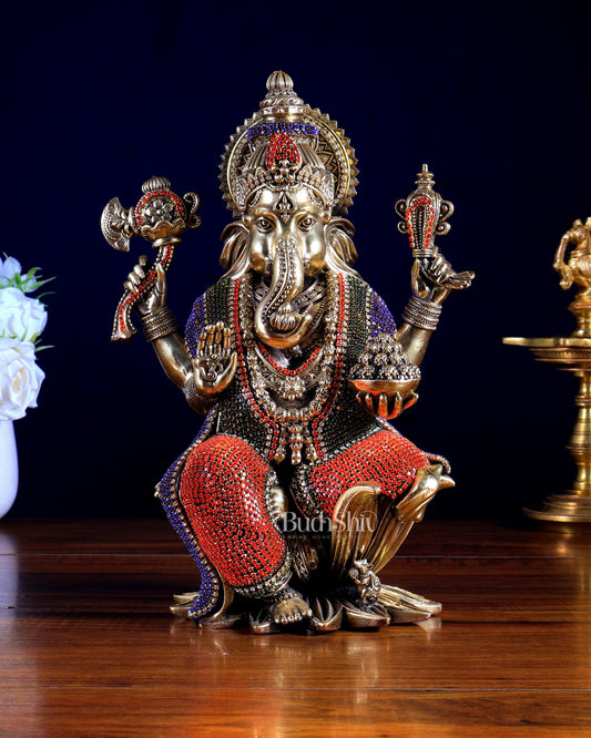 Pure Brass Ganesha Idol with Jewellery Meenakari | 10 Inch - Budhshiv.com