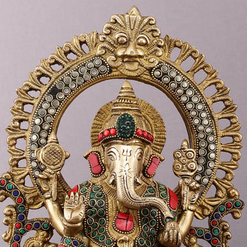 Pure Brass Ganesha Idol with Meenakari Stonework 9.5" - Budhshiv.com