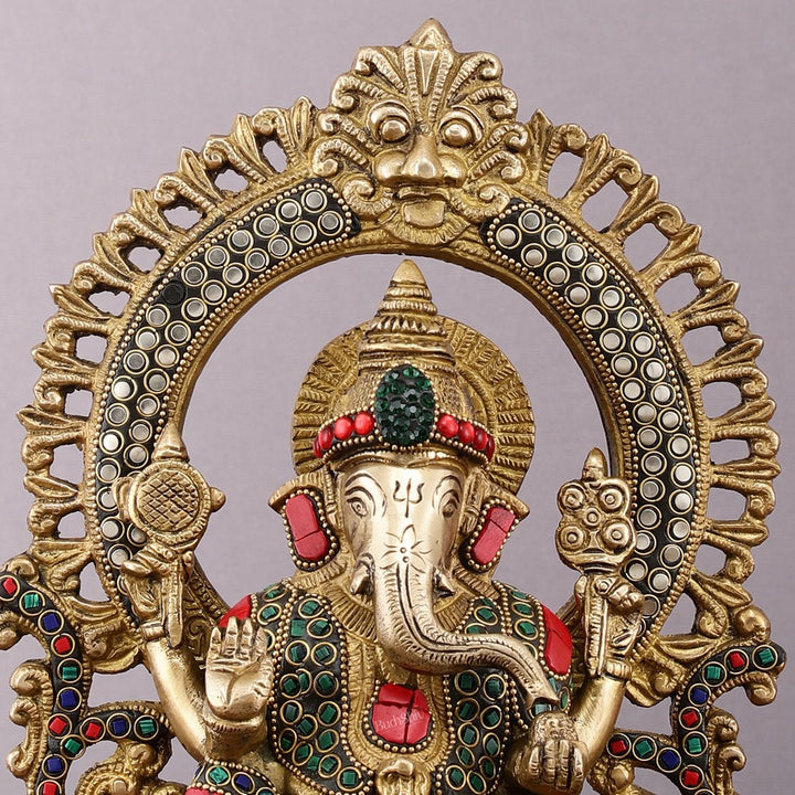 Pure Brass Ganesha Idol with Meenakari Stonework 9.5" - Budhshiv.com