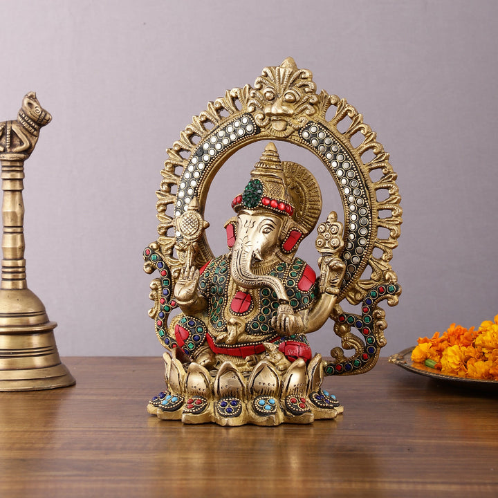 Pure Brass Ganesha Idol with Meenakari Stonework 9.5" - Budhshiv.com