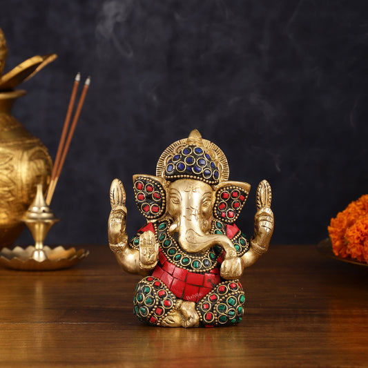 Pure Brass Ganesha Idol with Stonework - Perfect Desk Showpiece Gift 5" - Budhshiv.com