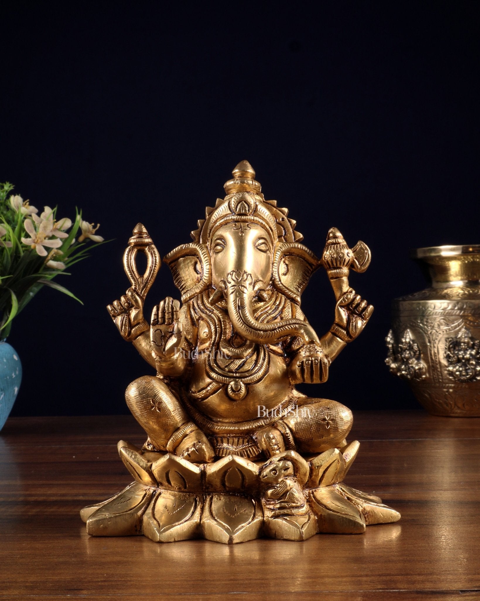 Pure Brass Ganesha in Lotus Base Idol - 5.5" - Budhshiv.com