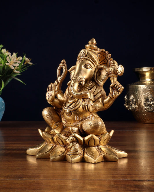 Pure Brass Ganesha in Lotus Base Idol - 5.5" - Budhshiv.com