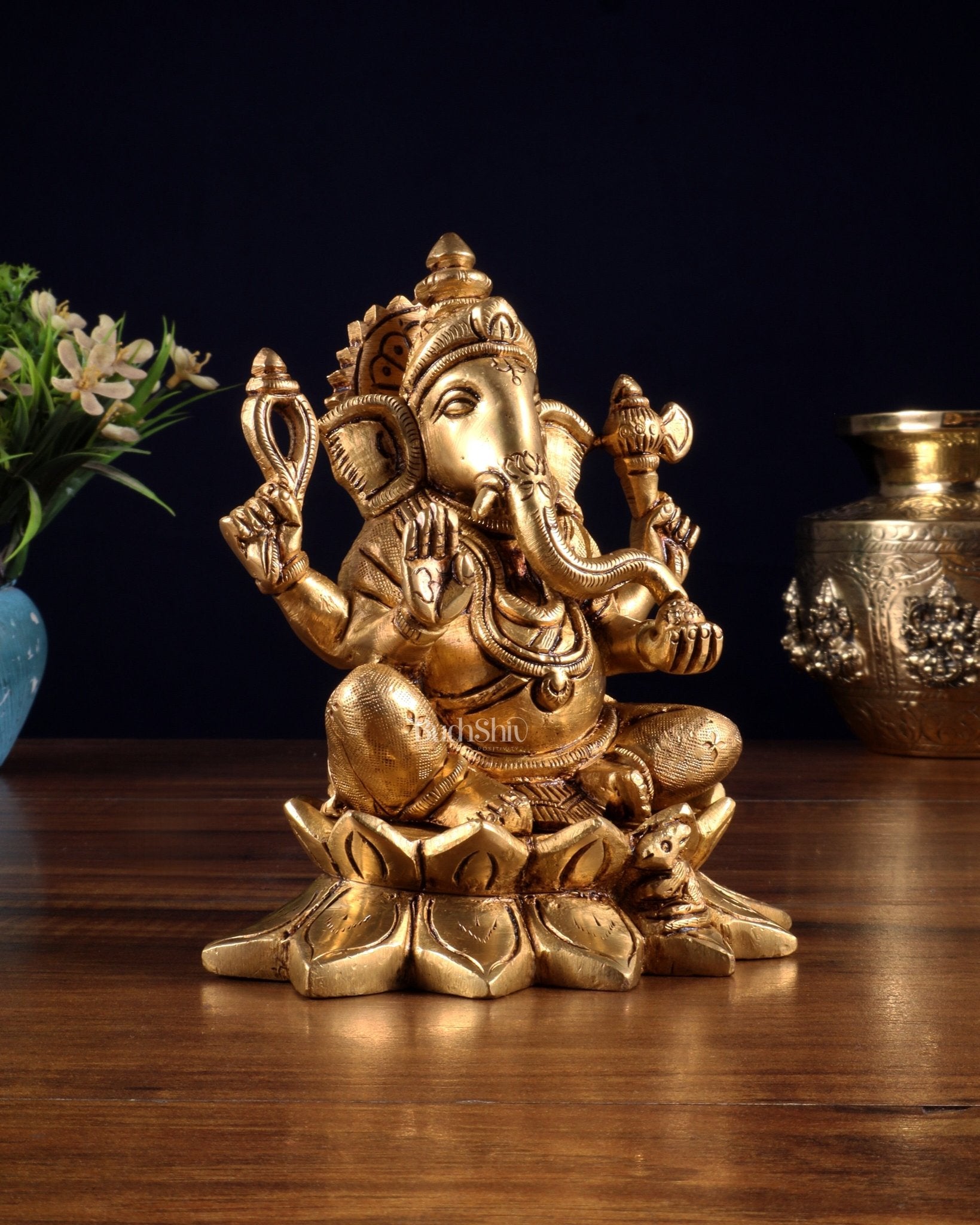 Pure Brass Ganesha in Lotus Base Idol - 5.5" - Budhshiv.com