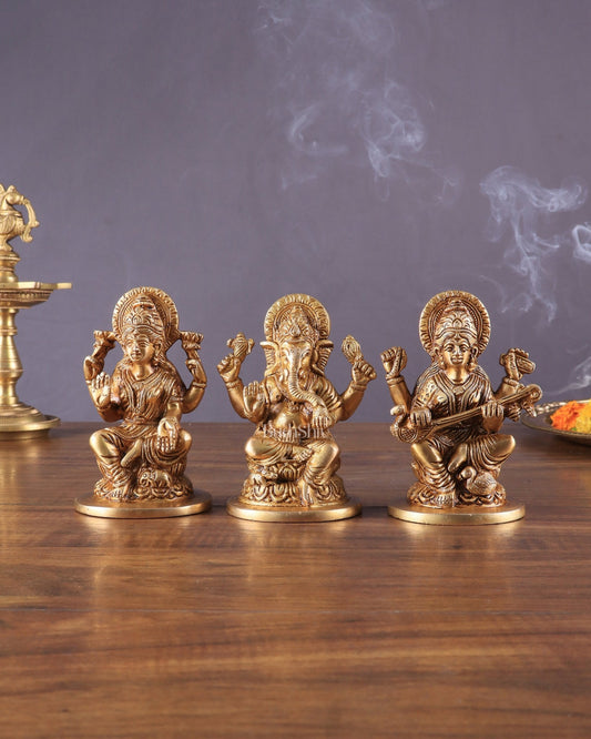 Pure Brass Ganesha, Lakshmi, and Saraswati Idols – 4.5" Handcrafted Set - Budhshiv.com