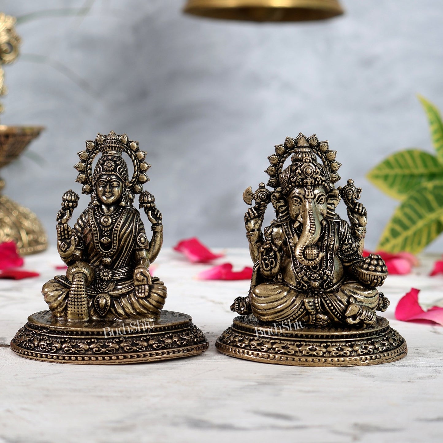 Pure Brass Ganesha - Lakshmi Idol Pair 3" - Budhshiv.com