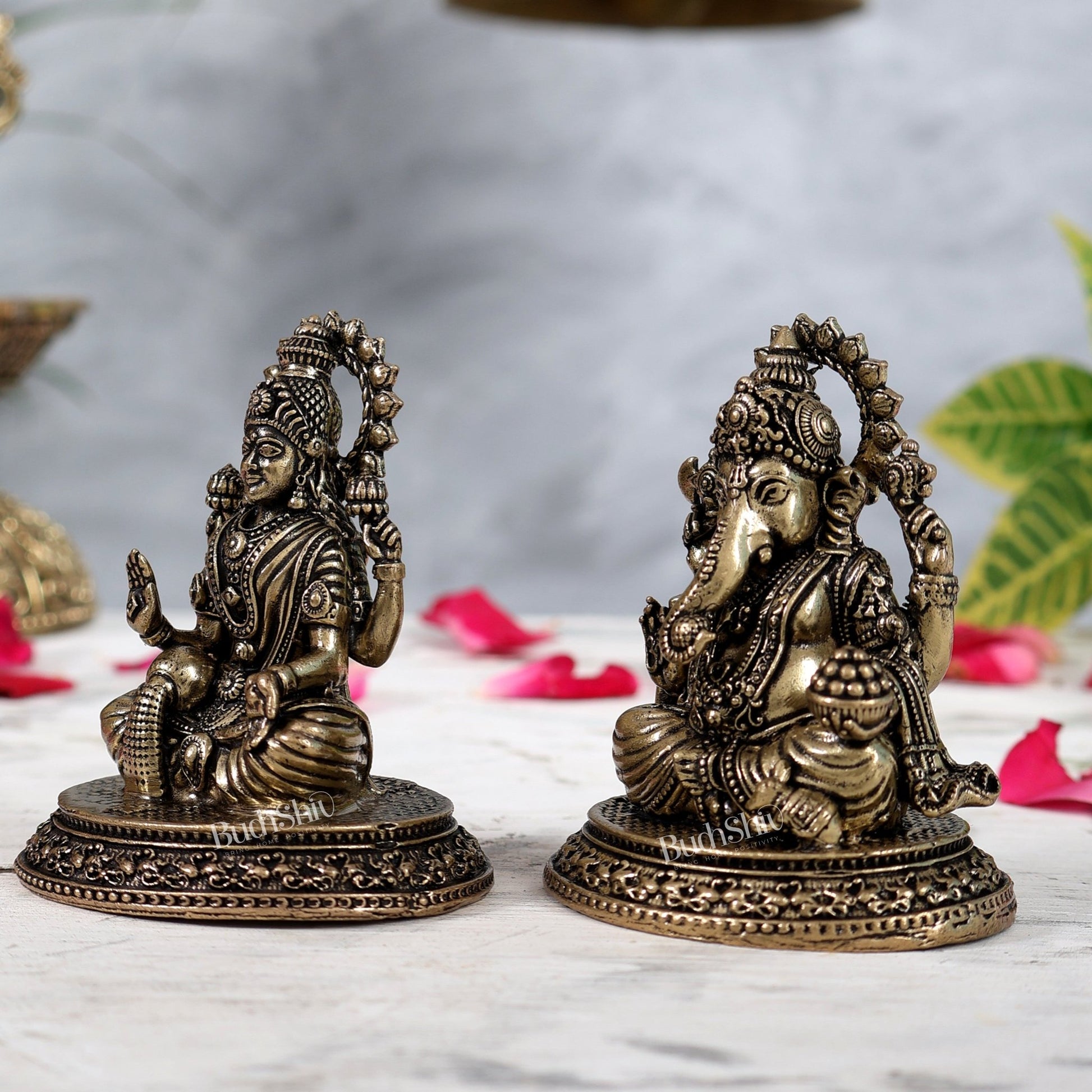 Pure Brass Ganesha - Lakshmi Idol Pair 3" - Budhshiv.com