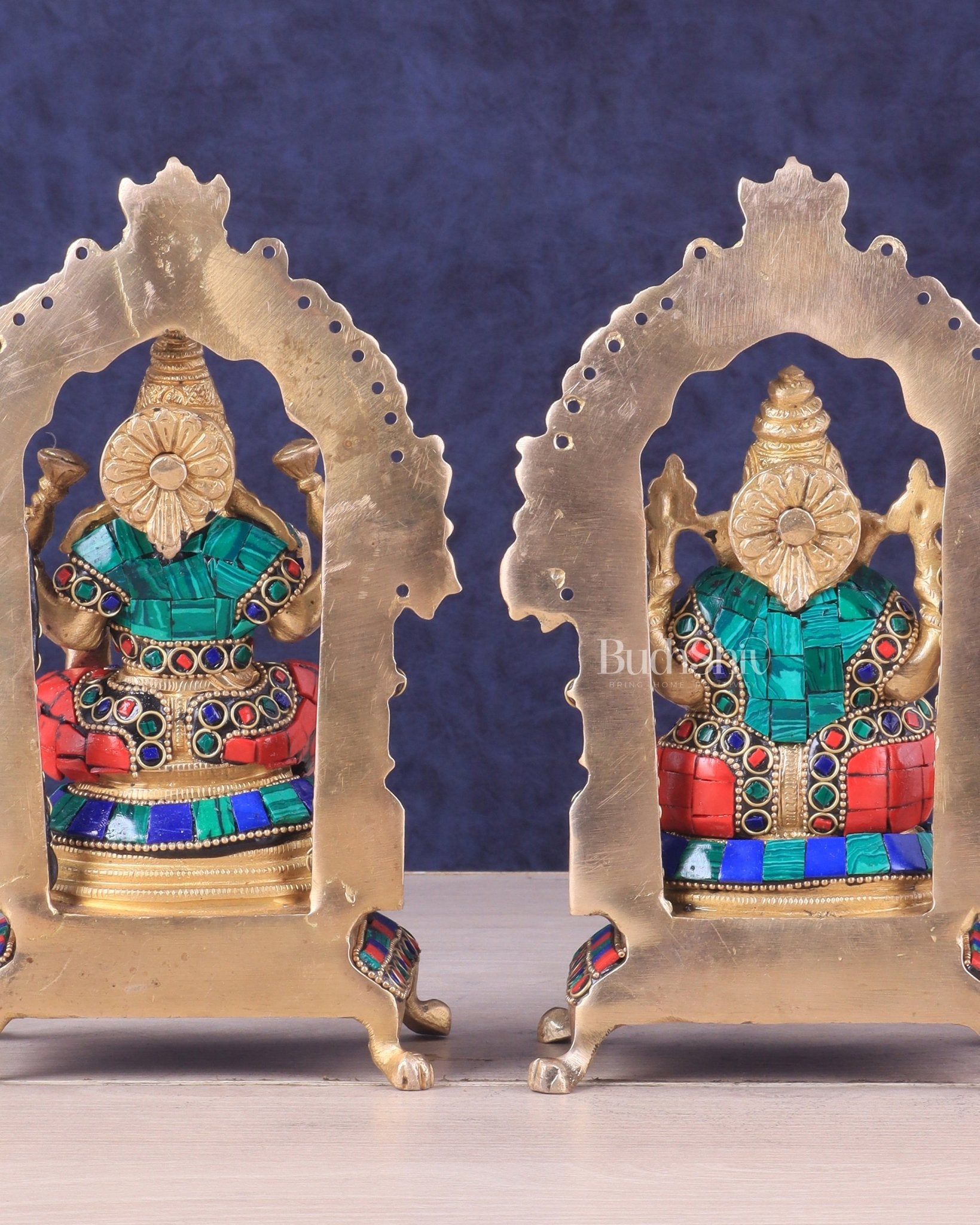 Pure Brass Ganesha Lakshmi Idol Pair | Meenakari Stonework 8" - Budhshiv.com