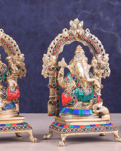 Pure Brass Ganesha Lakshmi Idol Pair | Meenakari Stonework 8" - Budhshiv.com