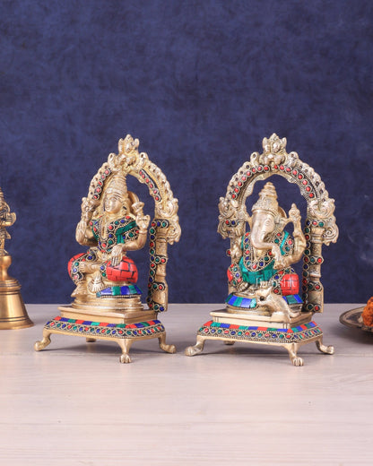 Pure Brass Ganesha Lakshmi Idol Pair | Meenakari Stonework 8" - Budhshiv.com