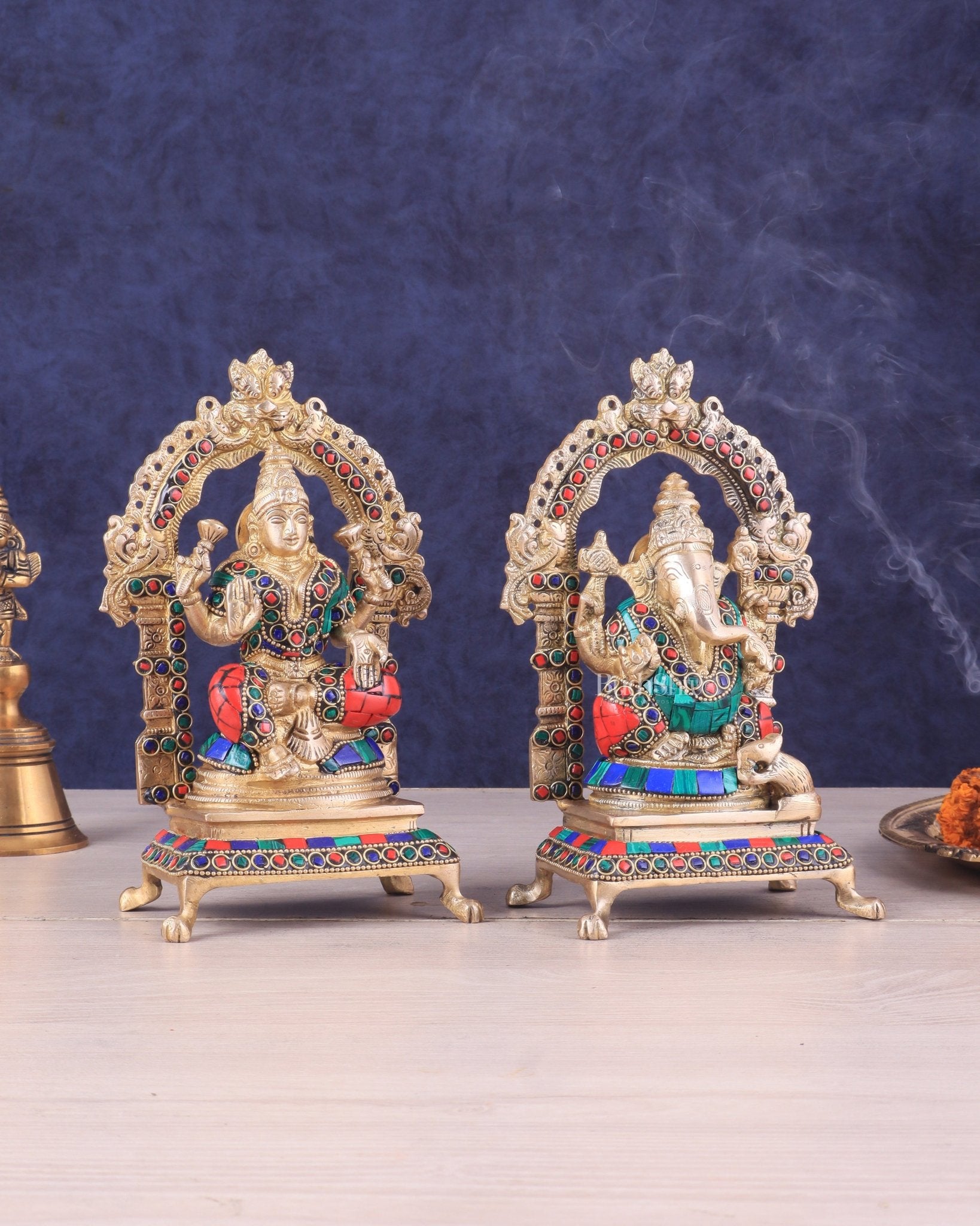 Pure Brass Ganesha Lakshmi Idol Pair | Meenakari Stonework 8" - Budhshiv.com