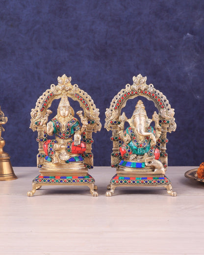 Pure Brass Ganesha Lakshmi Idol Pair | Meenakari Stonework 8" - Budhshiv.com