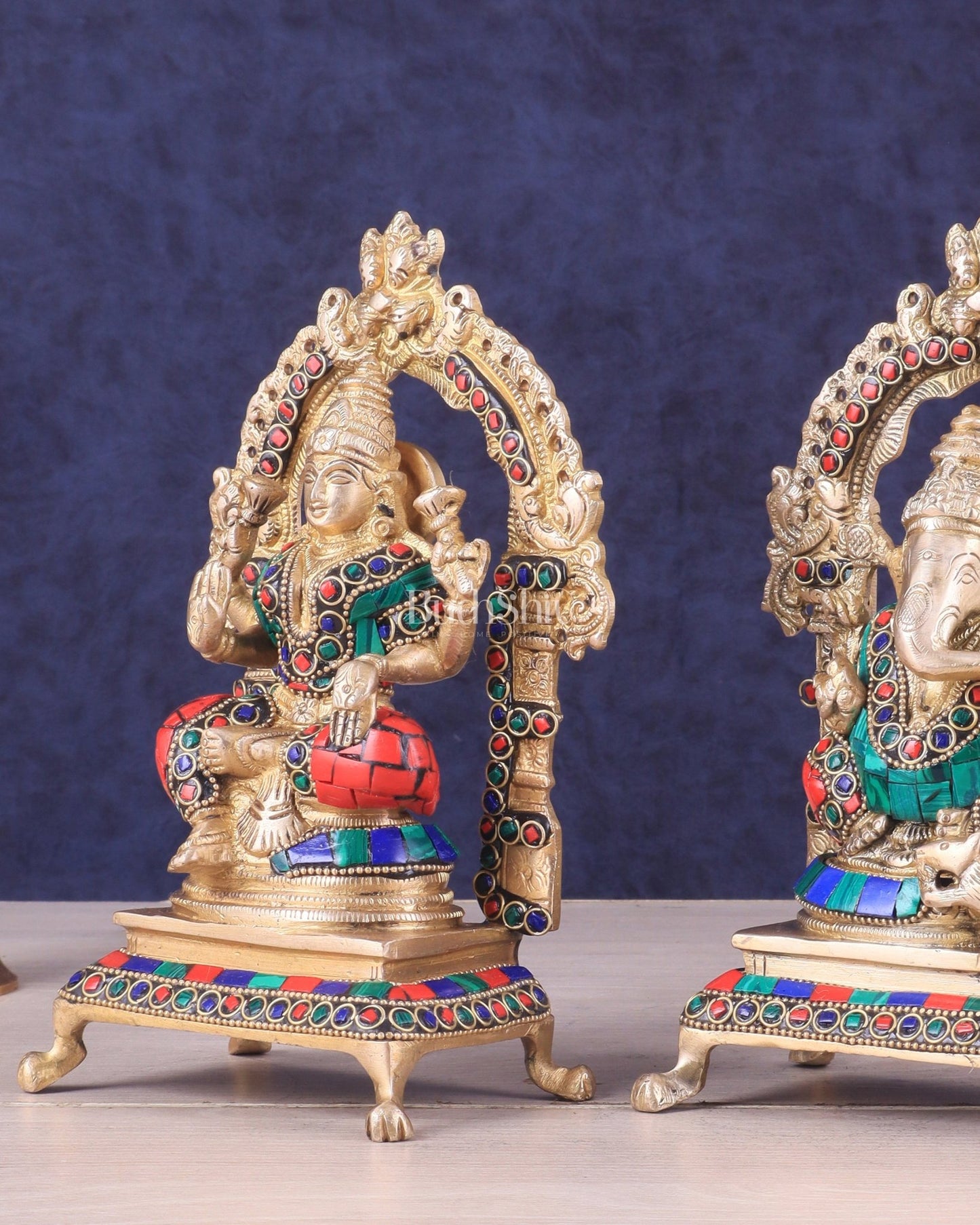 Pure Brass Ganesha Lakshmi Idol Pair | Meenakari Stonework 8" - Budhshiv.com