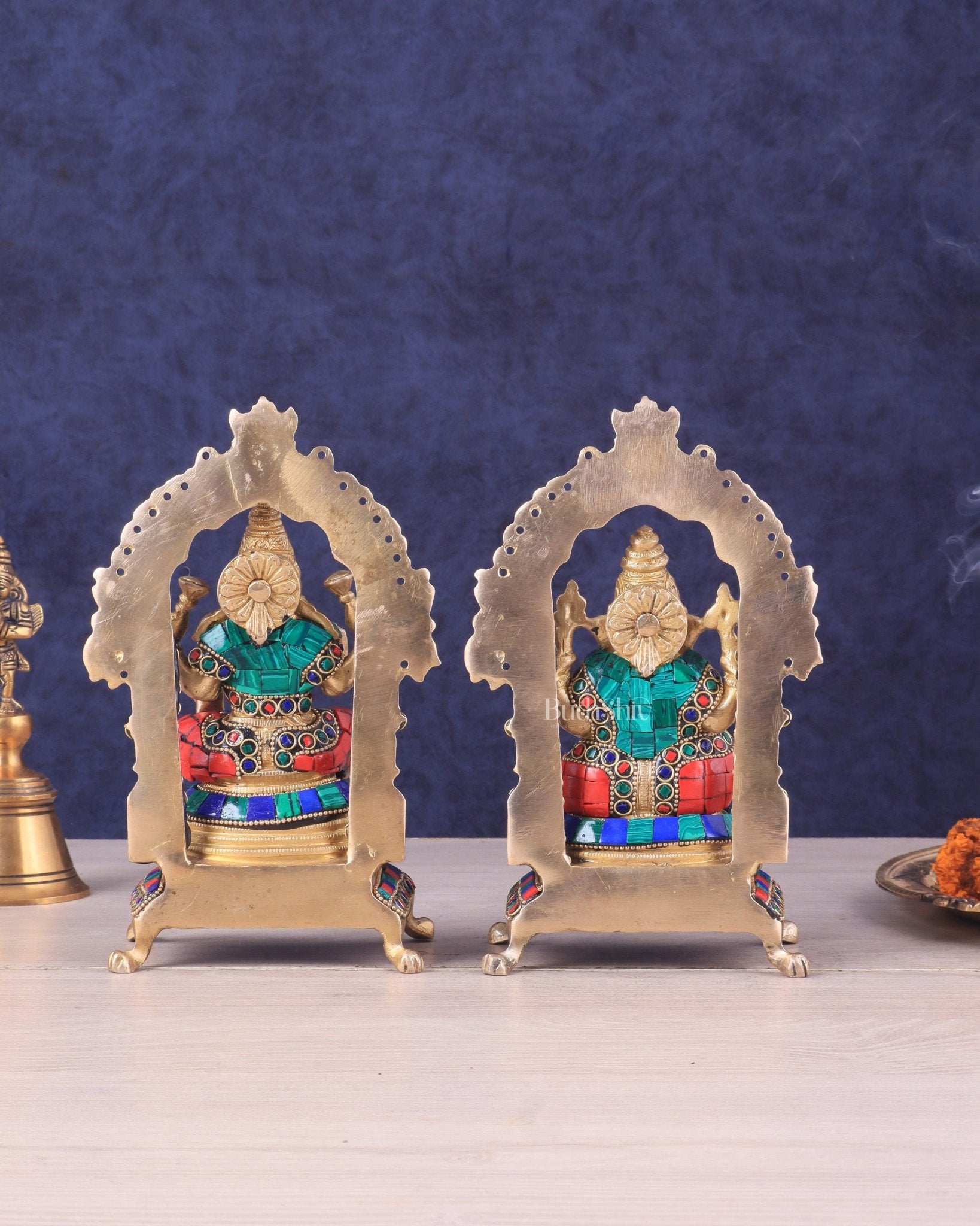 Pure Brass Ganesha Lakshmi Idol Pair | Meenakari Stonework 8" - Budhshiv.com