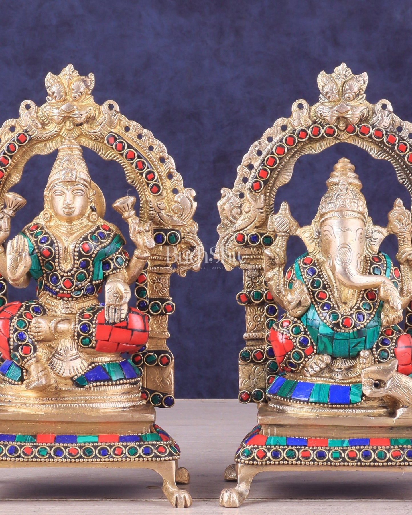 Pure Brass Ganesha Lakshmi Idol Pair | Meenakari Stonework 8" - Budhshiv.com