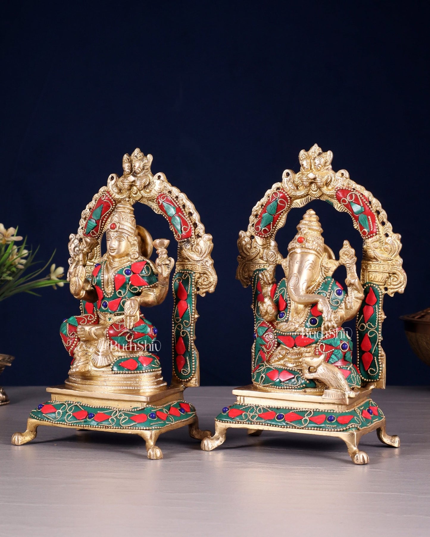 Pure Brass Ganesha Lakshmi Idol Set | floral Stonework 8" - Budhshiv.com