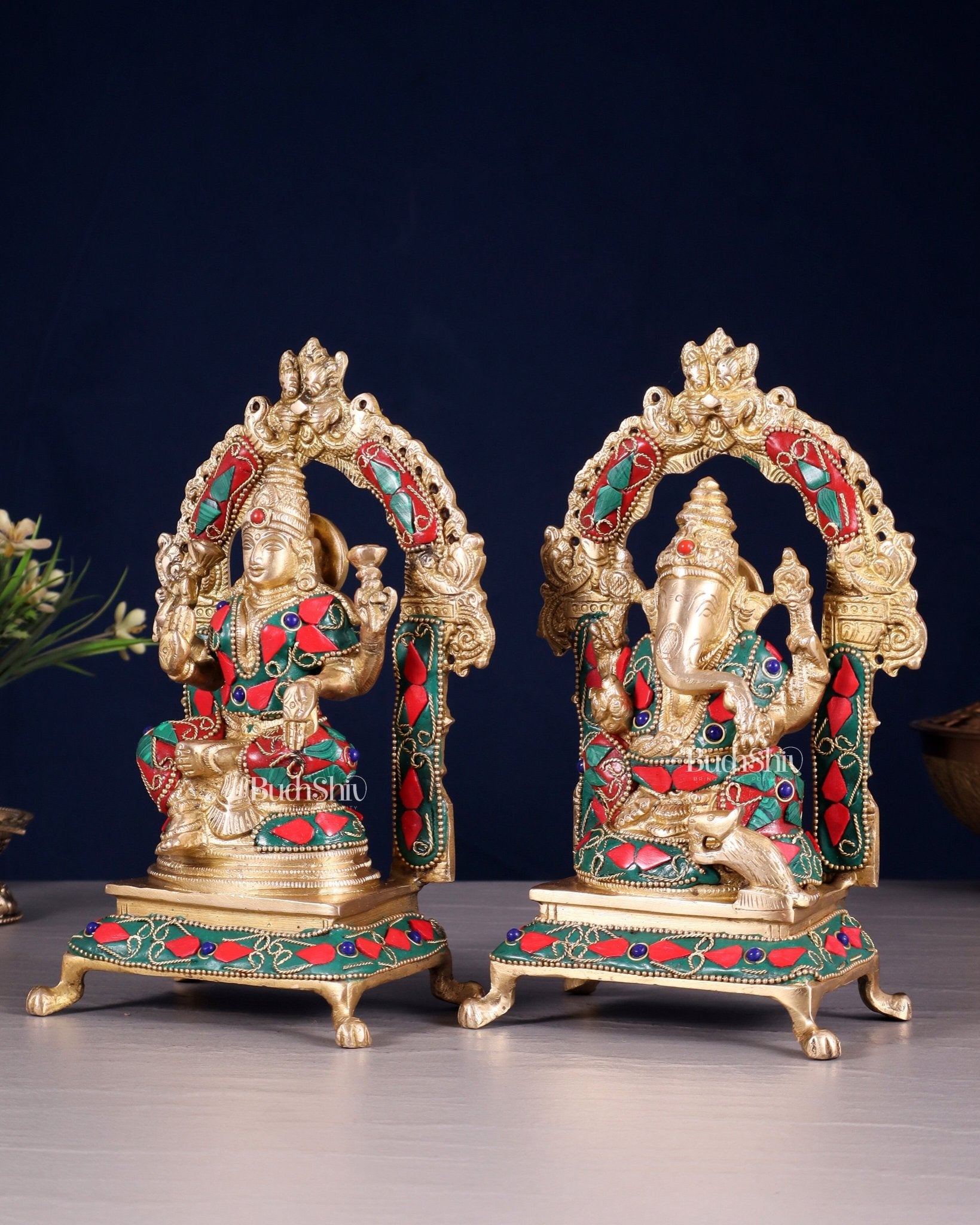 Pure Brass Ganesha Lakshmi Idol Set | floral Stonework 8" - Budhshiv.com