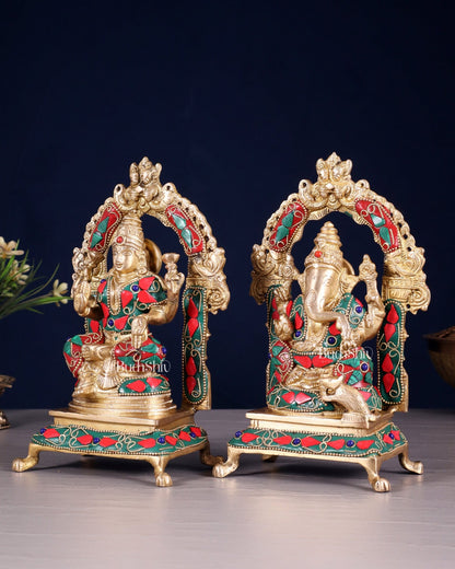 Pure Brass Ganesha Lakshmi Idol Set | floral Stonework 8" - Budhshiv.com
