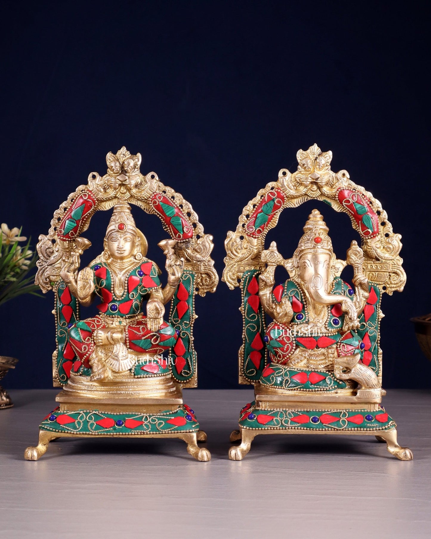 Pure Brass Ganesha Lakshmi Idol Set | floral Stonework 8" - Budhshiv.com