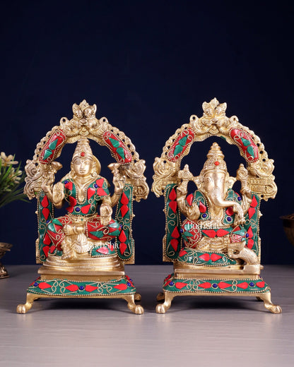 Pure Brass Ganesha Lakshmi Idol Set | floral Stonework 8" - Budhshiv.com