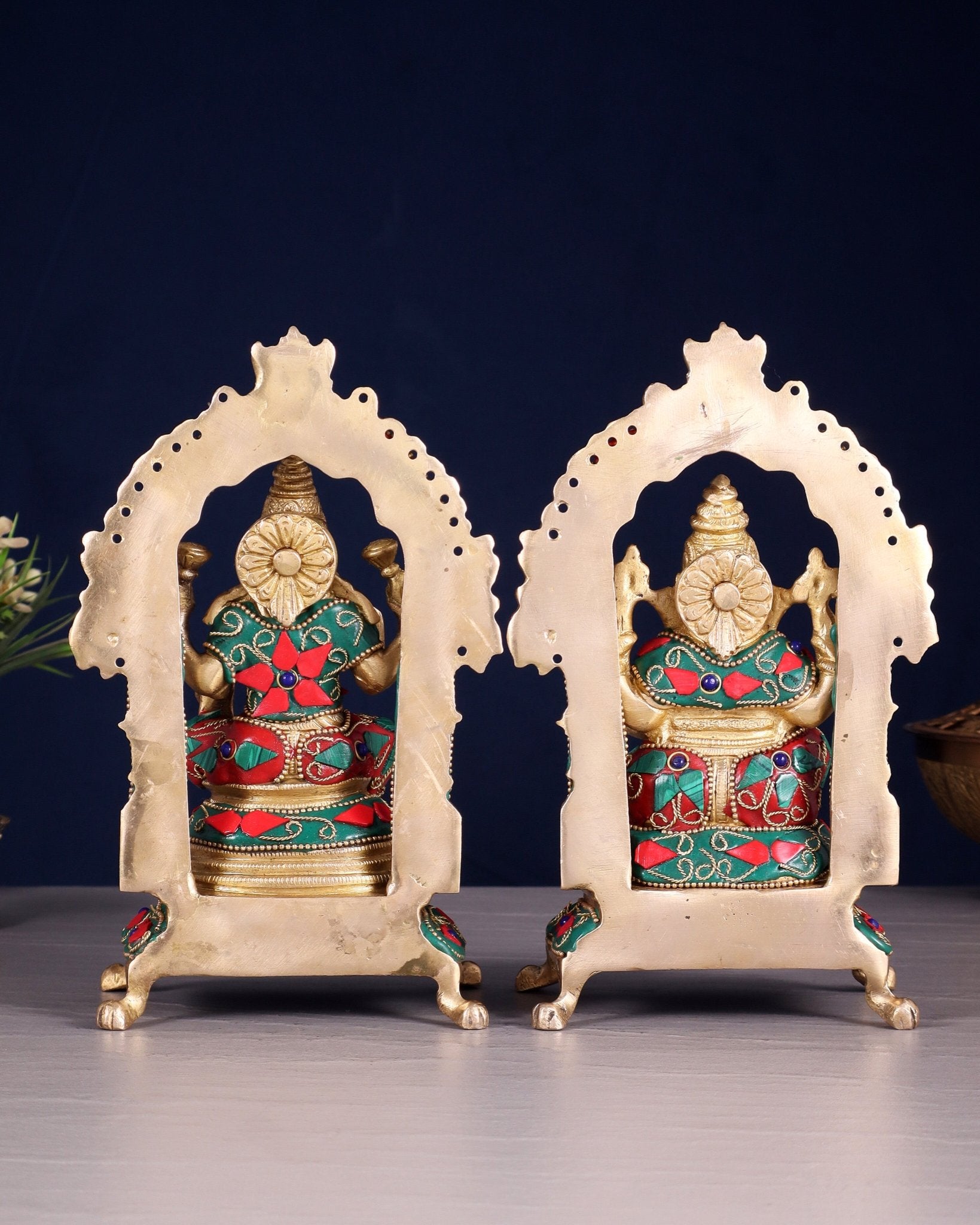 Pure Brass Ganesha Lakshmi Idol Set | floral Stonework 8" - Budhshiv.com