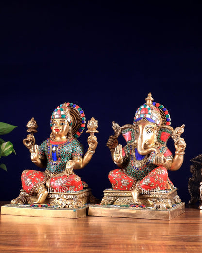 Pure Brass Ganesha Lakshmi idols 12 inch meenakari - Budhshiv.com
