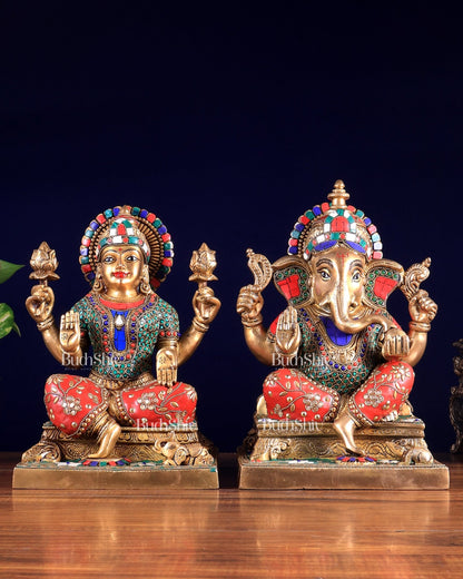 Pure Brass Ganesha Lakshmi idols 12 inch meenakari - Budhshiv.com